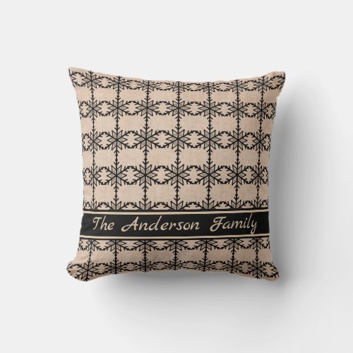 Personalized Rustic Burlap White Snowflake Pattern Throw Pillow