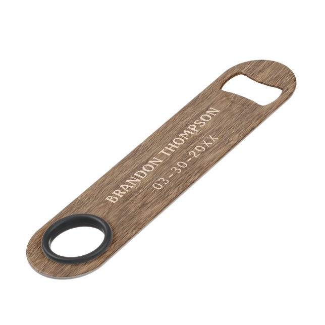 Personalized Rustic Chic Brown Wood Grain Pattern Bar Key (Front Angled)
