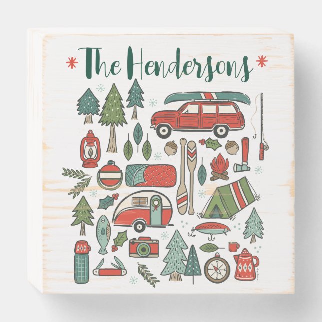 Personalized Rustic Christmas Camping Lake House Wooden Box Sign (Front Horizontal)