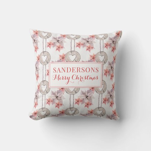 Personalized Rustic Christmas Pink Poinsettias Throw Pillow