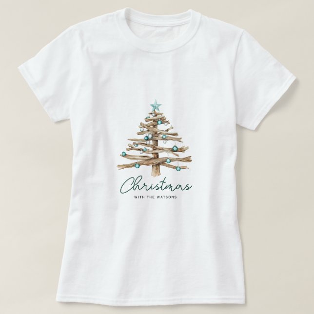 Personalized Rustic Christmas Tree with Ornaments T-Shirt (Design Front)