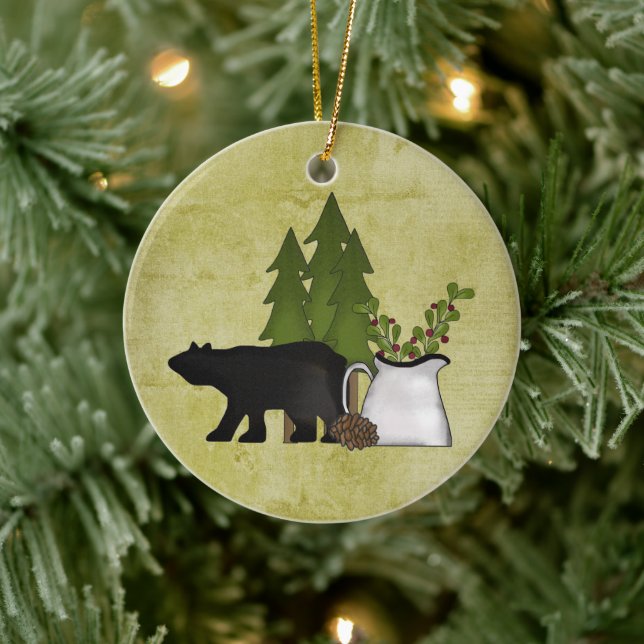 Personalized Rustic Country Bear Christmas Ceramic Ornament (Tree)