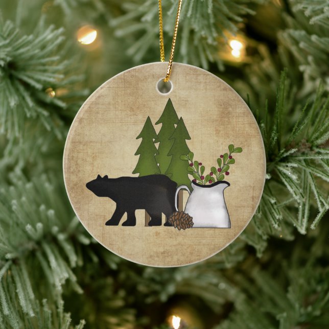 Personalized Rustic Country Mountain Bear Ceramic Ornament (Tree)