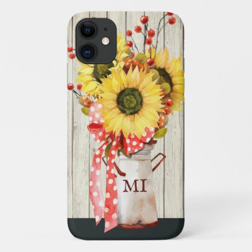 Personalized Rustic Country Sunflowers on Wood iPhone 11 Case