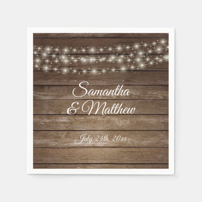 Personalized Rustic Country Wood Lights Wedding Napkins (Front)