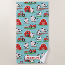 Personalized Rustic Cow Farm Blue and Red Kids Beach Towel