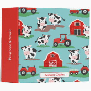 Personalized Rustic Cow Farm Red and Blue Kids 3 Ring Binder