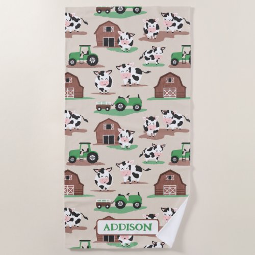 Personalized Rustic Cow Farm Tan and Green Beach Towel