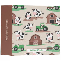 Personalized Rustic Cow Farm Tan and Green Kids 3 Ring Binder