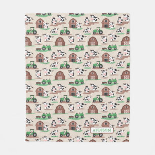 Personalized Rustic Cow Farm Tan and Green Kids Fleece Blanket