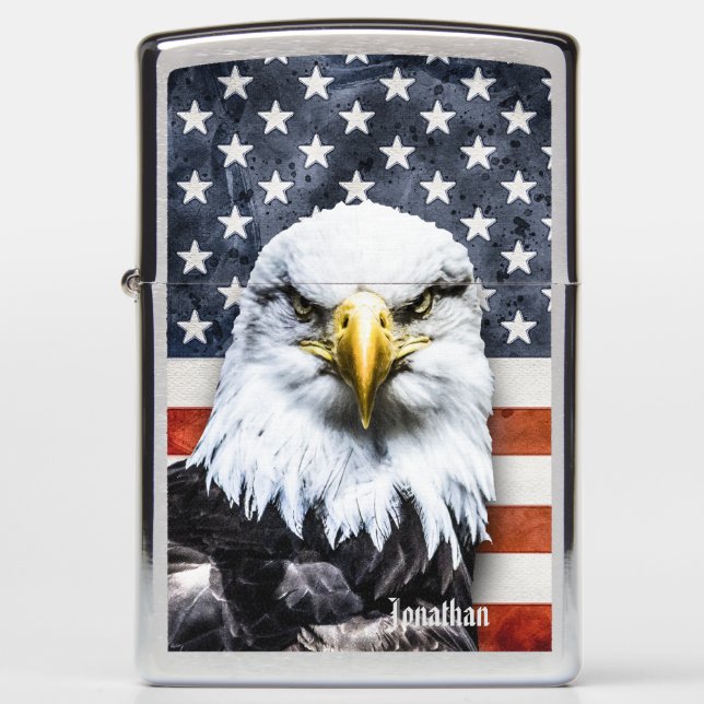 Personalized Rustic Eagle on American Flag Zippo Lighter (Front)