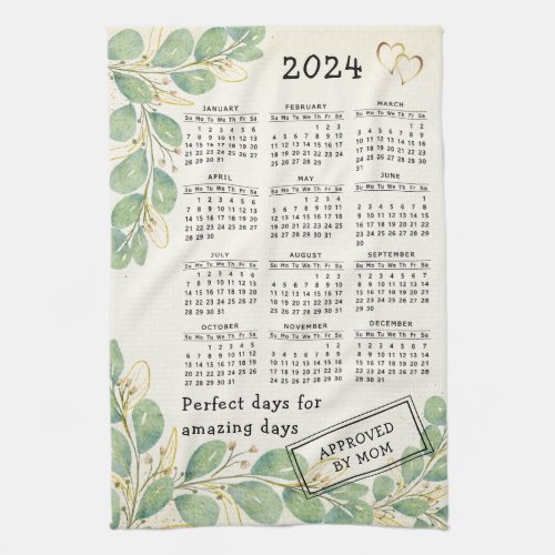 Personalized Rustic Eucalyptus 2024 Calendar Kitchen Towel