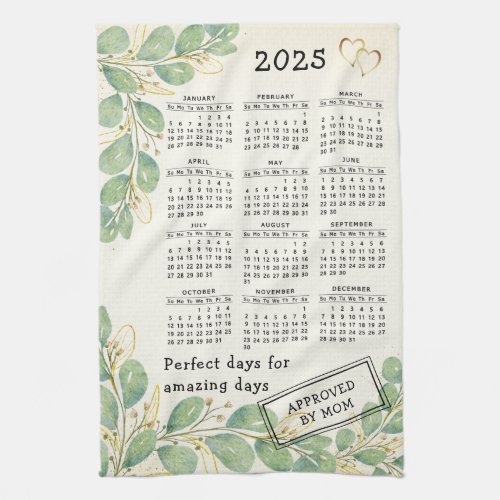 Personalized Rustic Eucalyptus 2025 Calendar Kitchen Towel
