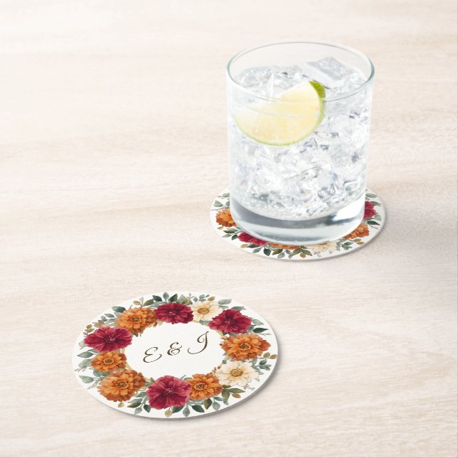 Personalized Rustic Fall Floral Wedding Round Paper Coaster (Insitu)