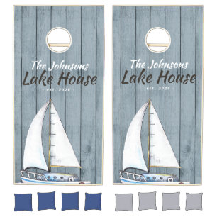 Personalized rustic family lake house wood cornhole set