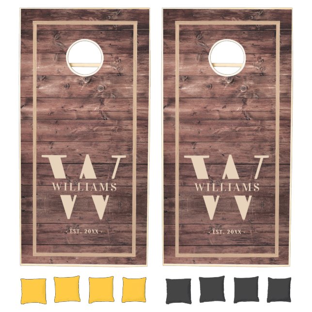 Personalized Rustic Family Name Monogram Wood Tone Cornhole Set (Set)