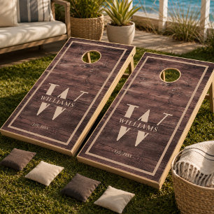 Personalized Rustic Family Name Monogram Wood Tone Cornhole Set