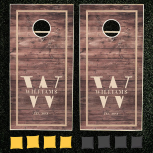 Personalized Rustic Family Name Monogram Wood Tone Cornhole Set