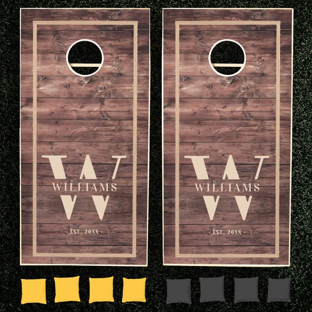 Personalized Rustic Family Name Monogram Wood Tone Cornhole Set (Creator Uploaded)