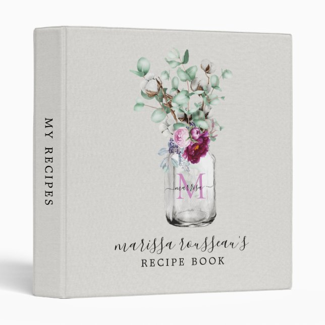 Personalized Rustic Floral Mason Jar Monogram 3 Ring Binder (Front/Spine)