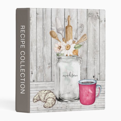 Personalized Rustic Floral Mason Jar Wood Recipe Mini Binder