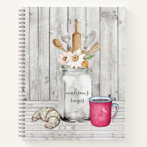 Personalized Rustic Floral Mason Jar Wood Recipe Notebook