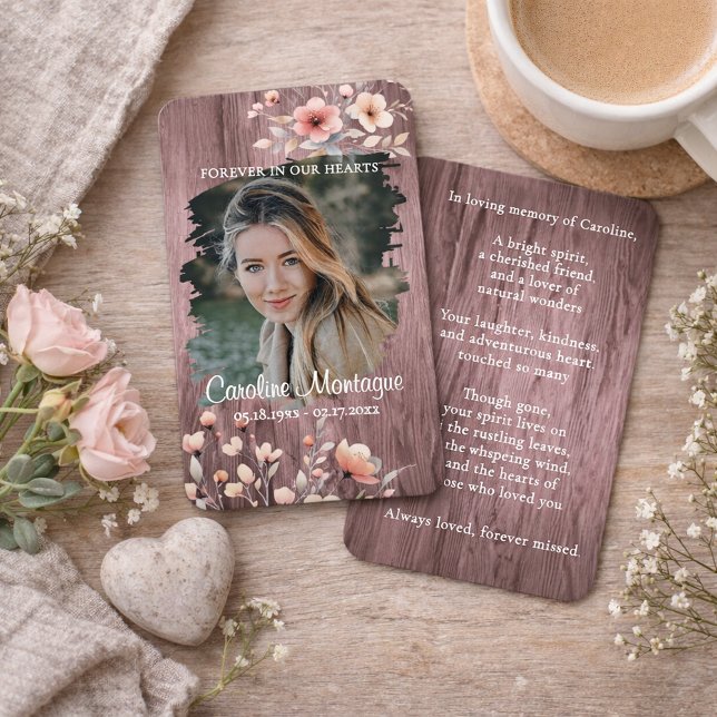 Personalized Rustic Floral Photo Memorial Card (Creator Uploaded)