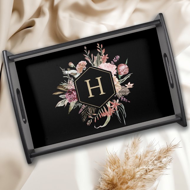 Personalized Rustic Floral with Monogram Black Serving Tray (Creator Uploaded)