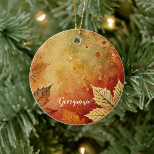 Personalized Rustic Golden Autumnal Distressed Ink Ceramic Ornament