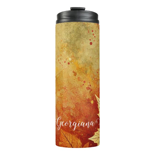Personalized Rustic Golden Autumnal Distressed Ink Thermal Tumbler (Front)
