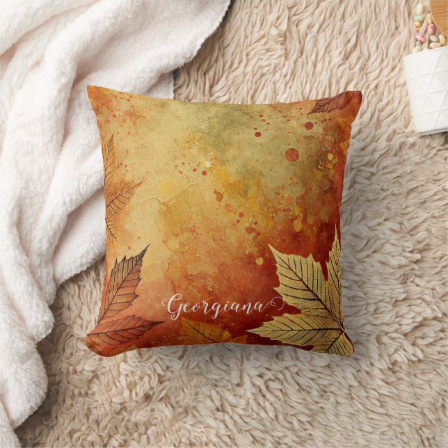 Personalized Rustic Golden Autumnal Distressed Ink Throw Pillow (Blanket)