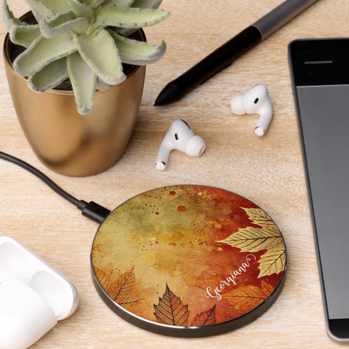 Personalized Rustic Golden Autumnal Distressed Ink Wireless Charger