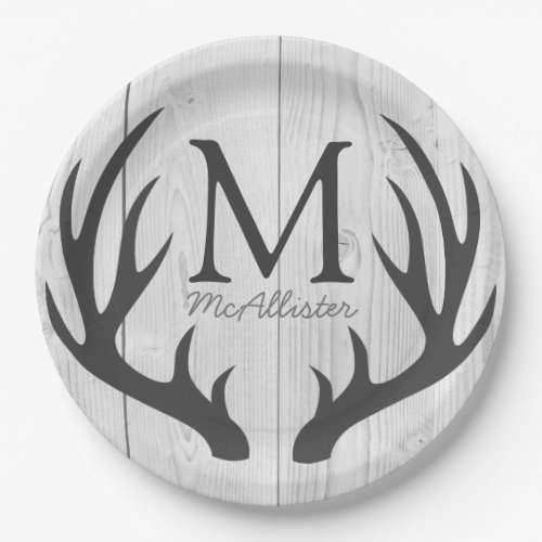 Personalized _ Rustic Gray Deer Antlers White Wood Paper Plates