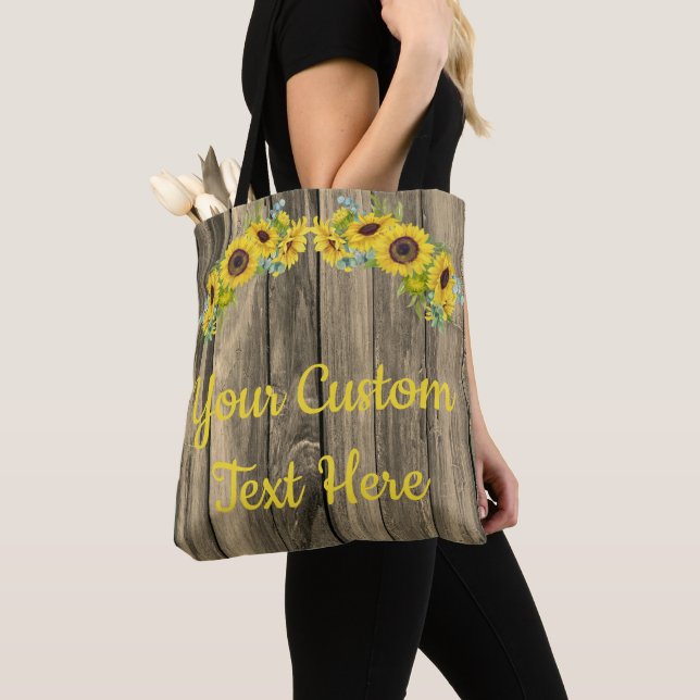 Personalized Rustic Gray Wood Sunflowers Text Here Tote Bag (Close Up)