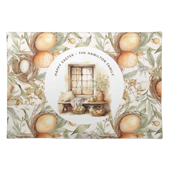 Personalized Rustic Happy Easter Beige Cloth Placemat (Front)