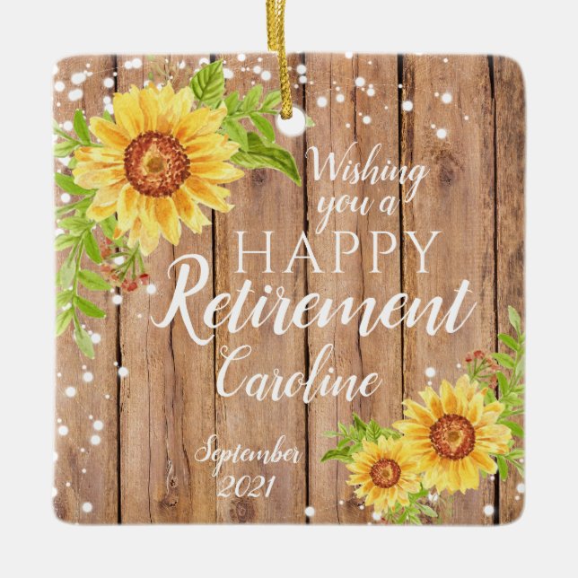 Personalized Rustic Happy Retirement Floral Ceramic Ornament (Front)