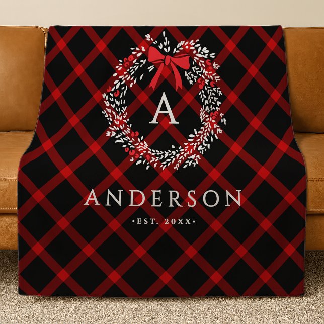 Personalized Rustic Holiday Wreath Buffalo Plaid Fleece Blanket (Creator Uploaded)