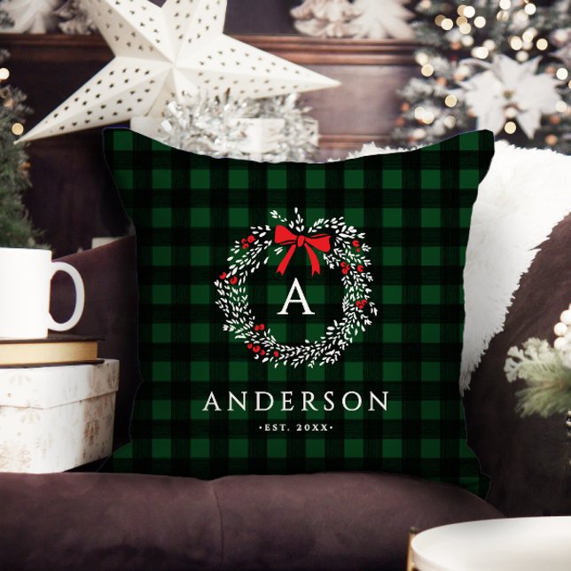 Personalized Rustic Holiday Wreath Buffalo Plaid Throw Pillow (Creator Uploaded)