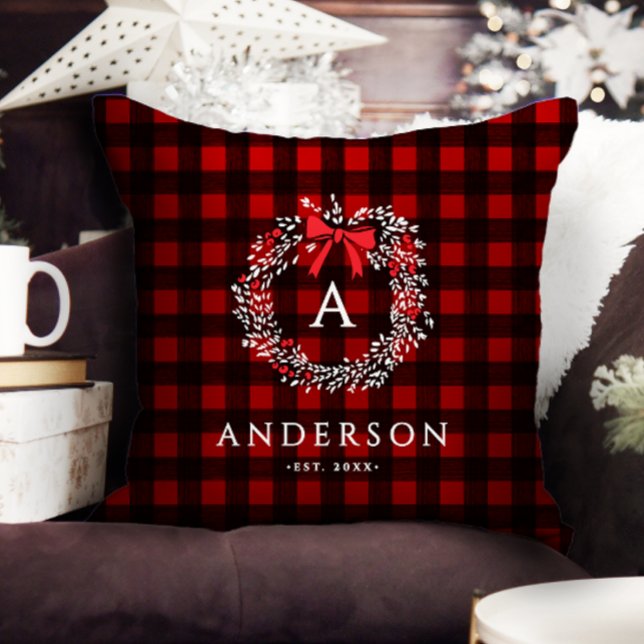 Personalized Rustic Holiday Wreath Buffalo Plaid Throw Pillow (Creator Uploaded)