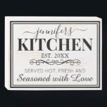 Personalized Rustic Kitchen Farmhouse Wooden Box Sign<br><div class="desc">Rustic farmhouse style wooden box sign featuring a traditional double border,  the cook/chefs name,  year established,  and a cute kitchen quote that reads "served hot,  fresh and seasoned with love".</div>