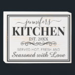 Personalized Rustic Kitchen Farmhouse Wooden Box Sign<br><div class="desc">Rustic farmhouse style wooden box sign featuring a traditional double border,  the cook/chefs name,  year established,  and a cute kitchen quote that reads "served hot,  fresh and seasoned with love".</div>