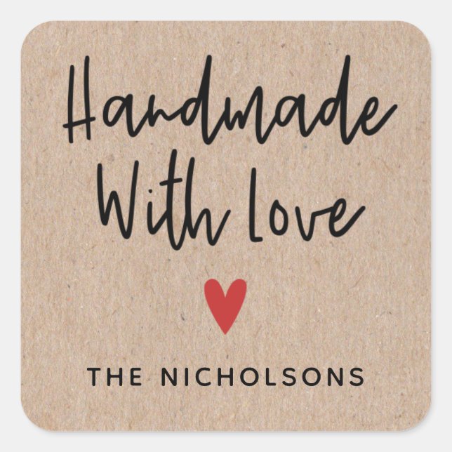 Personalized Rustic Kraft Handmade With Love Square Sticker (Front)