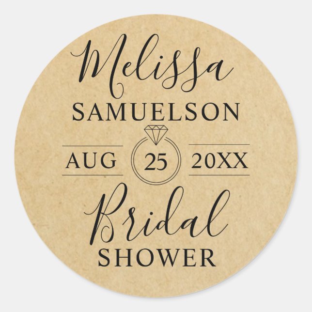 Personalized Rustic Kraft Paper Ring Bridal Shower Classic Round Sticker (Front)