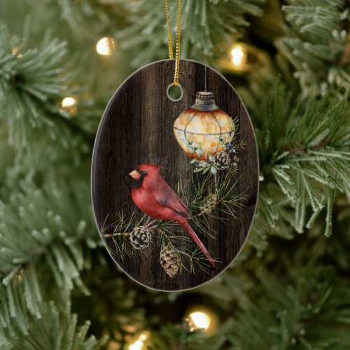 Personalized Rustic Lantern and Redbird Christmas Ceramic Ornament