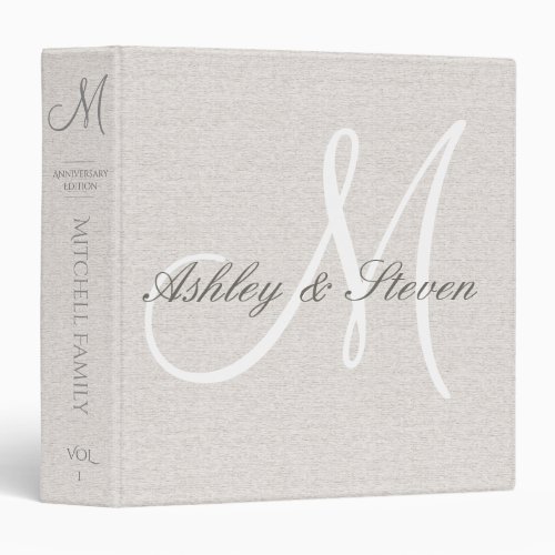 Personalized Rustic Linen with White Monogram 3 Ring Binder