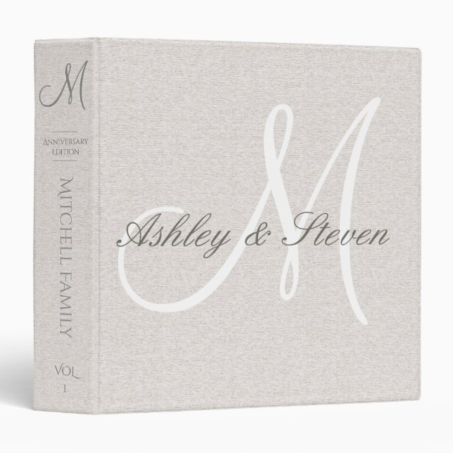 Personalized Rustic Linen with White Monogram 3 Ring Binder (Front/Spine)