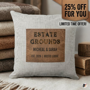 Personalized Rustic Lodge Faux Leather Patch Estat Throw Pillow