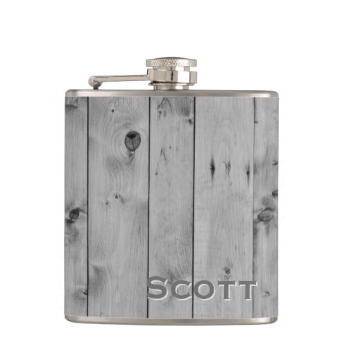 Personalized  Rustic Masculine Gray Wood Look Flask