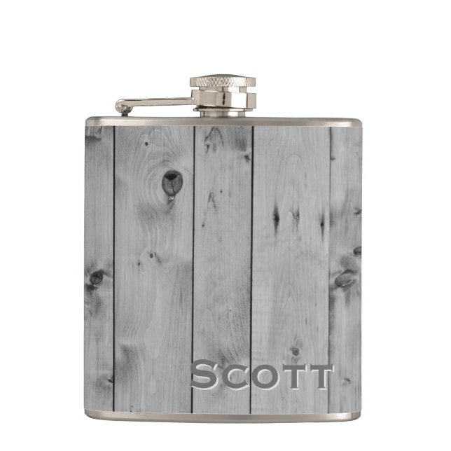 Personalized | Rustic Masculine Gray Wood Look Flask (Front)