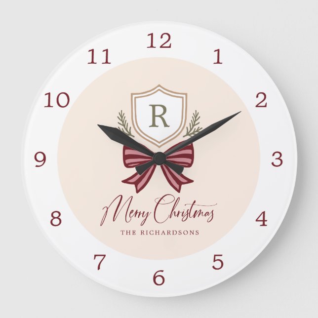 Personalized Rustic Monogram Crest Bow Christmas  Large Clock (Front)